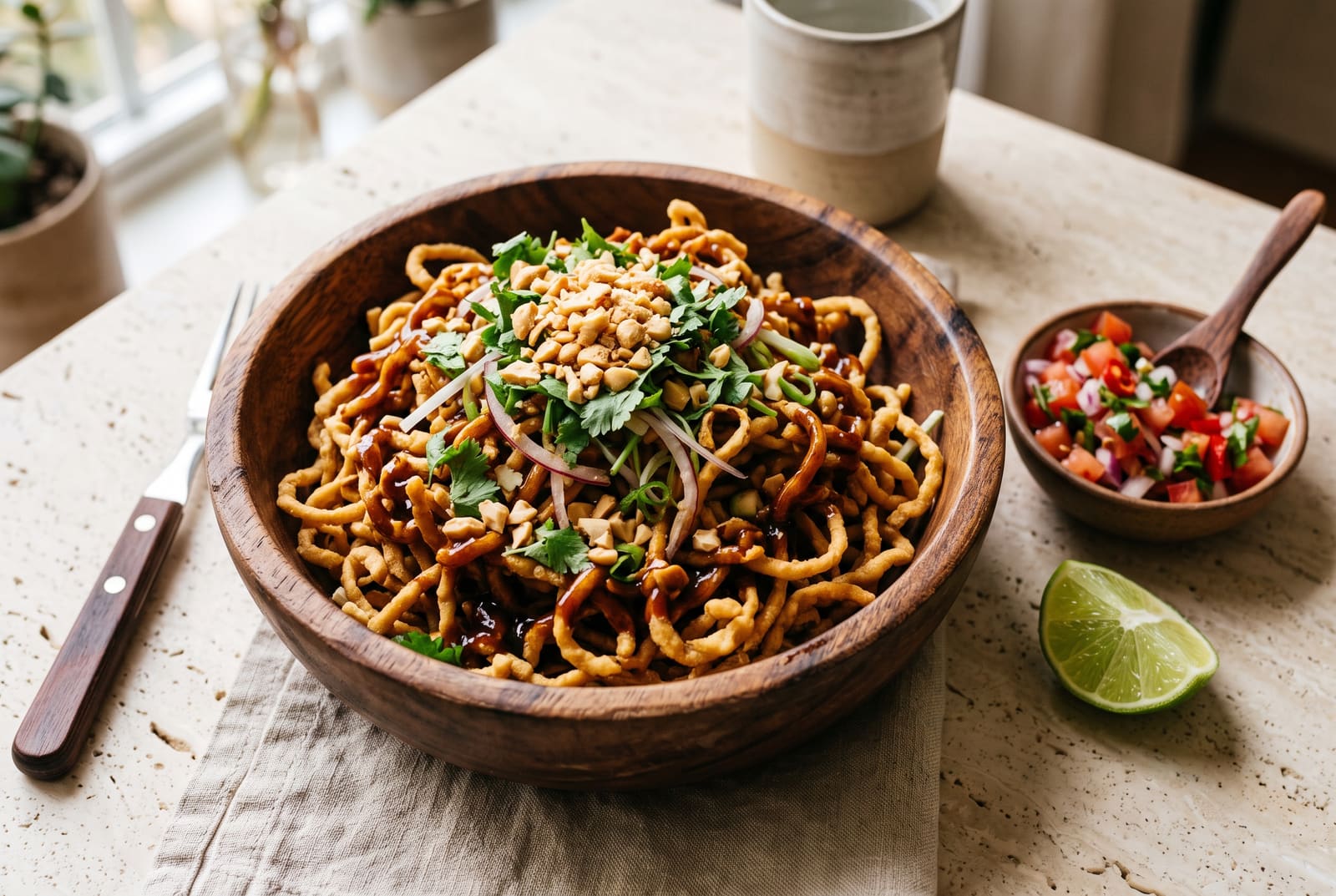 Crispy golden noodles with dark tamarind glaze, crushed peanuts, and fresh cilantro in a wooden bowl on a clean table.
