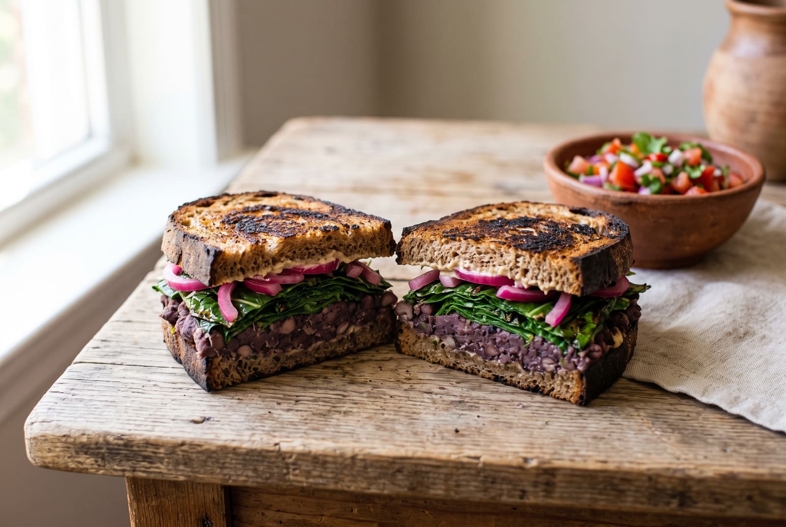 Gourmet vegan sandwich with purple bean filling, green leaves, and red onions on charred sourdough bread, served on a rustic wooden table.