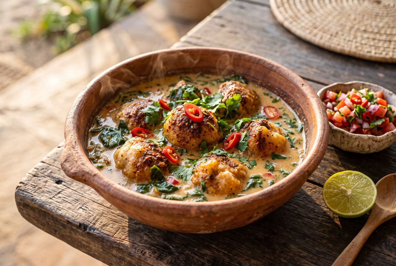 Berbere-Spiced Cassava Gnocchi in Tangy Tamarind-Coconut Broth A clay bowl of spiced cassava dumplings in coconut broth, garnished with greens and chiles, served on a wooden table with lime.