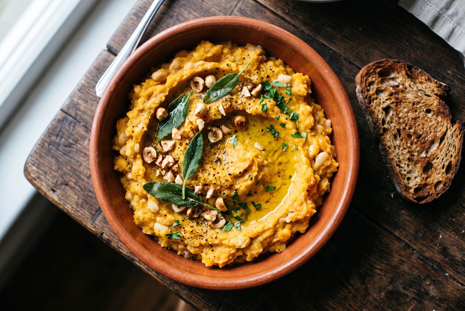 A textured golden squash and bean mash topped with sage and hazelnuts in a rustic bowl on a wooden table.