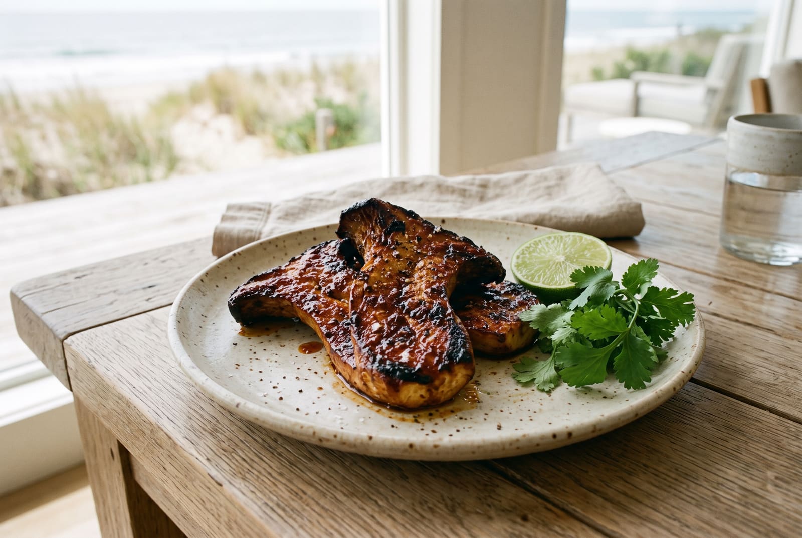Glazed smoky adobo king oyster mushroom planks on a white ceramic plate with lime wedges on a sunlit wooden table.
