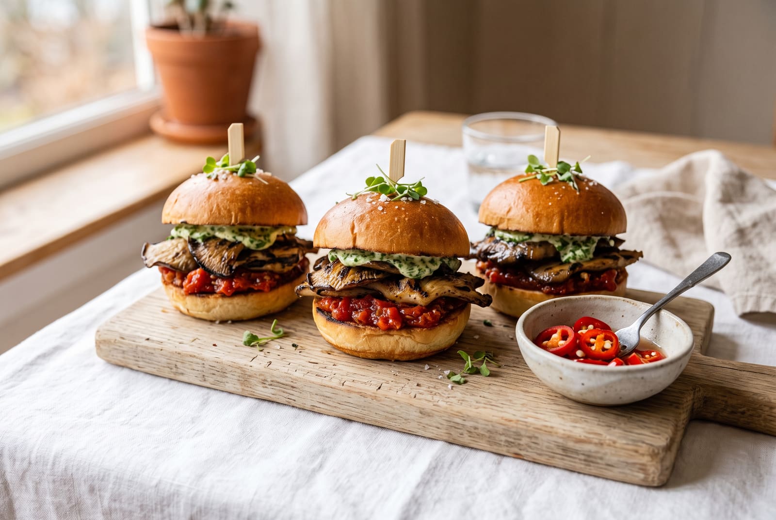 Three vegan mushroom sliders with charred tomato jam and green herb aioli on a wooden board under soft natural sunlight.