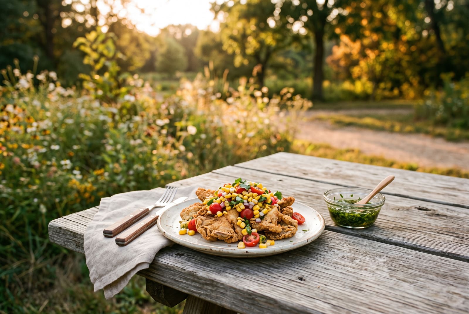 Masa-Crusted Golden Oyster Mushrooms with Charred Corn & Heirloom Salsa Golden-brown masa-crusted oyster mushrooms on a ceramic plate with charred corn salsa on a sunlit wooden picnic table.