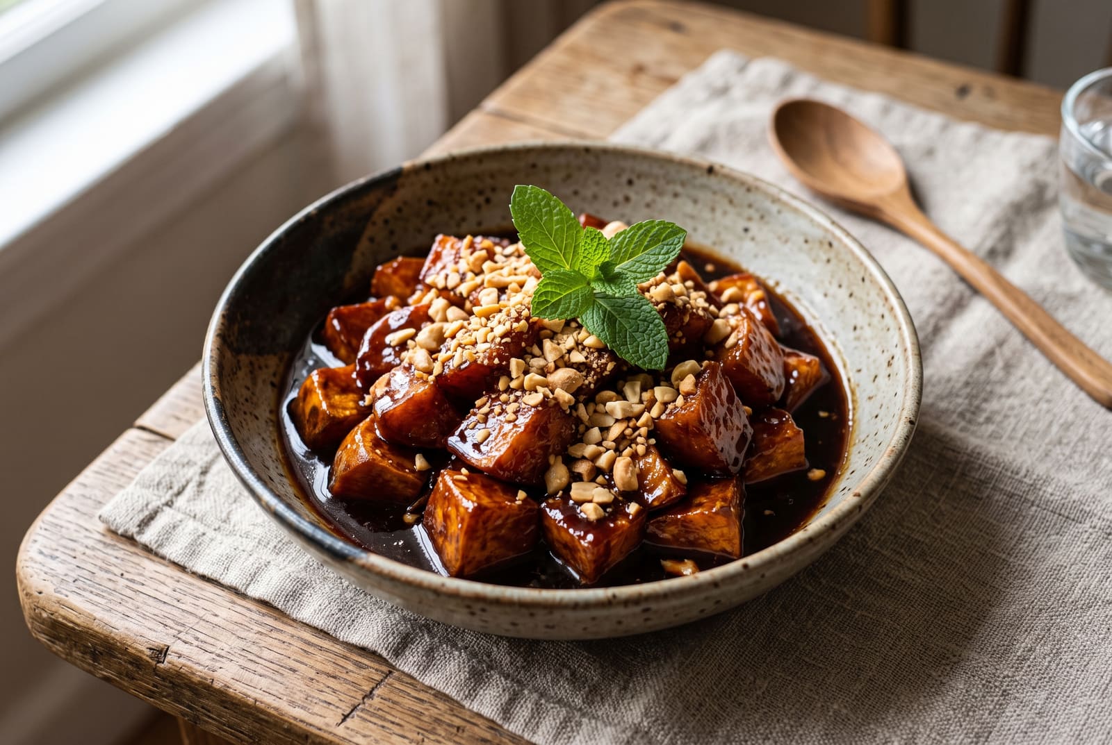 Tamarind-Cardamom Glazed Sweet Potatoes with Toasted Groundnuts Glazed sweet potato cubes in a dark syrupy sauce topped with crushed peanuts in a ceramic bowl on a wooden table.