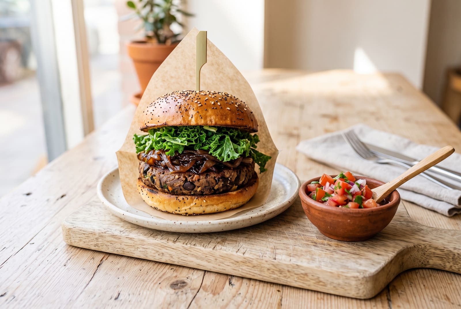 A gourmet vegan njahi bean burger with thick caramelized tamarind onions and kachumbari on a toasted bun, presented on a minimalist wooden table.