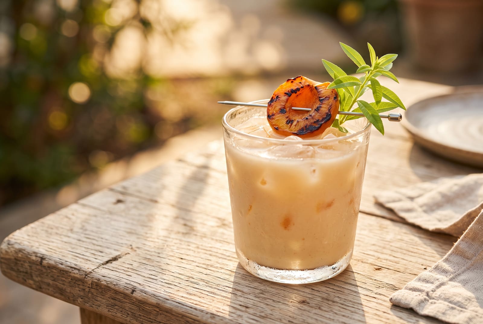 Charred Apricot & Toasted Almond Horchata A glass of creamy apricot horchata garnished with a charred fruit slice and green herbs on a sunlit wooden table.