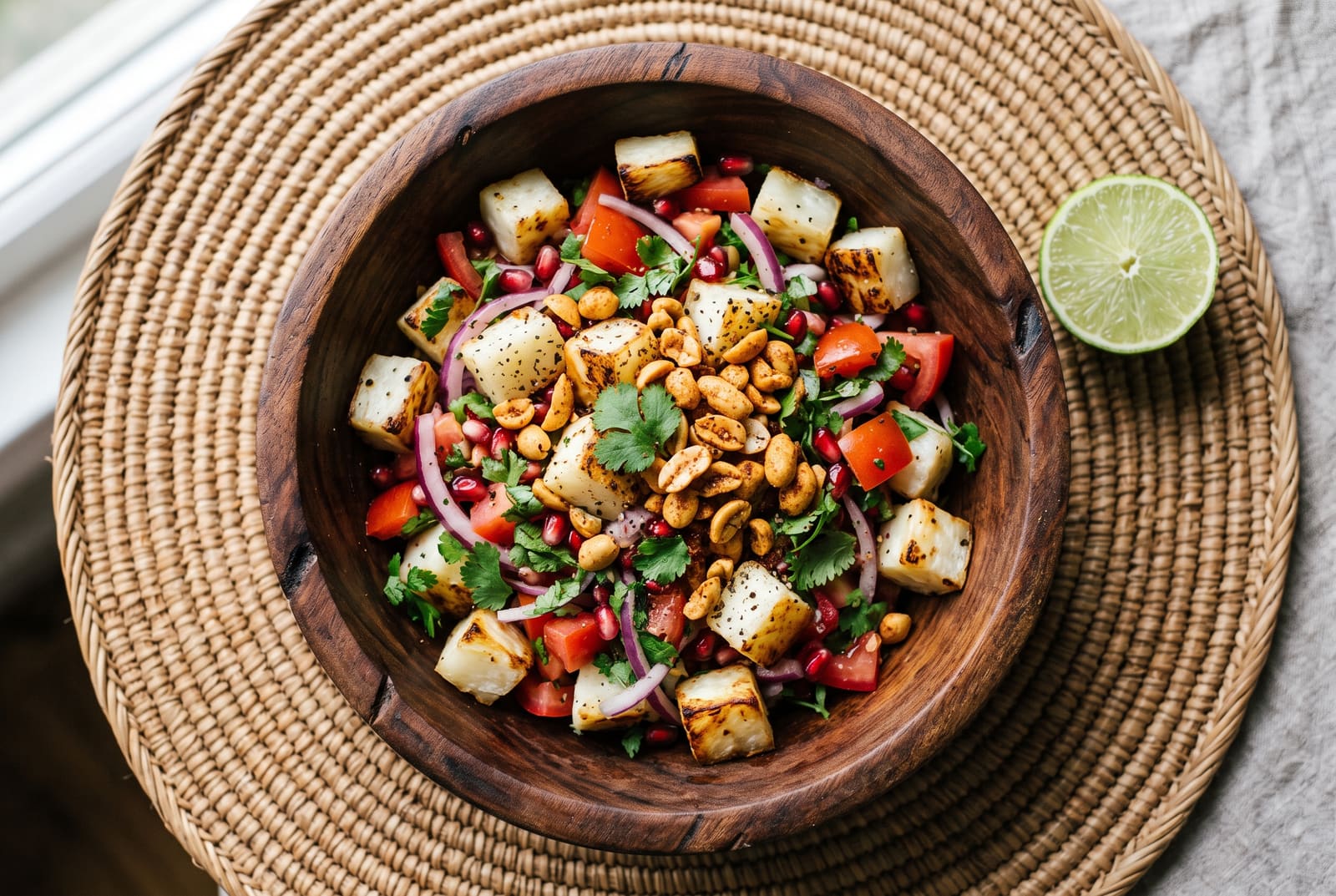 A vibrant salad of charred cassava, tomatoes, onions, and spiced peanuts in a wooden bowl on a woven mat with lime slices.