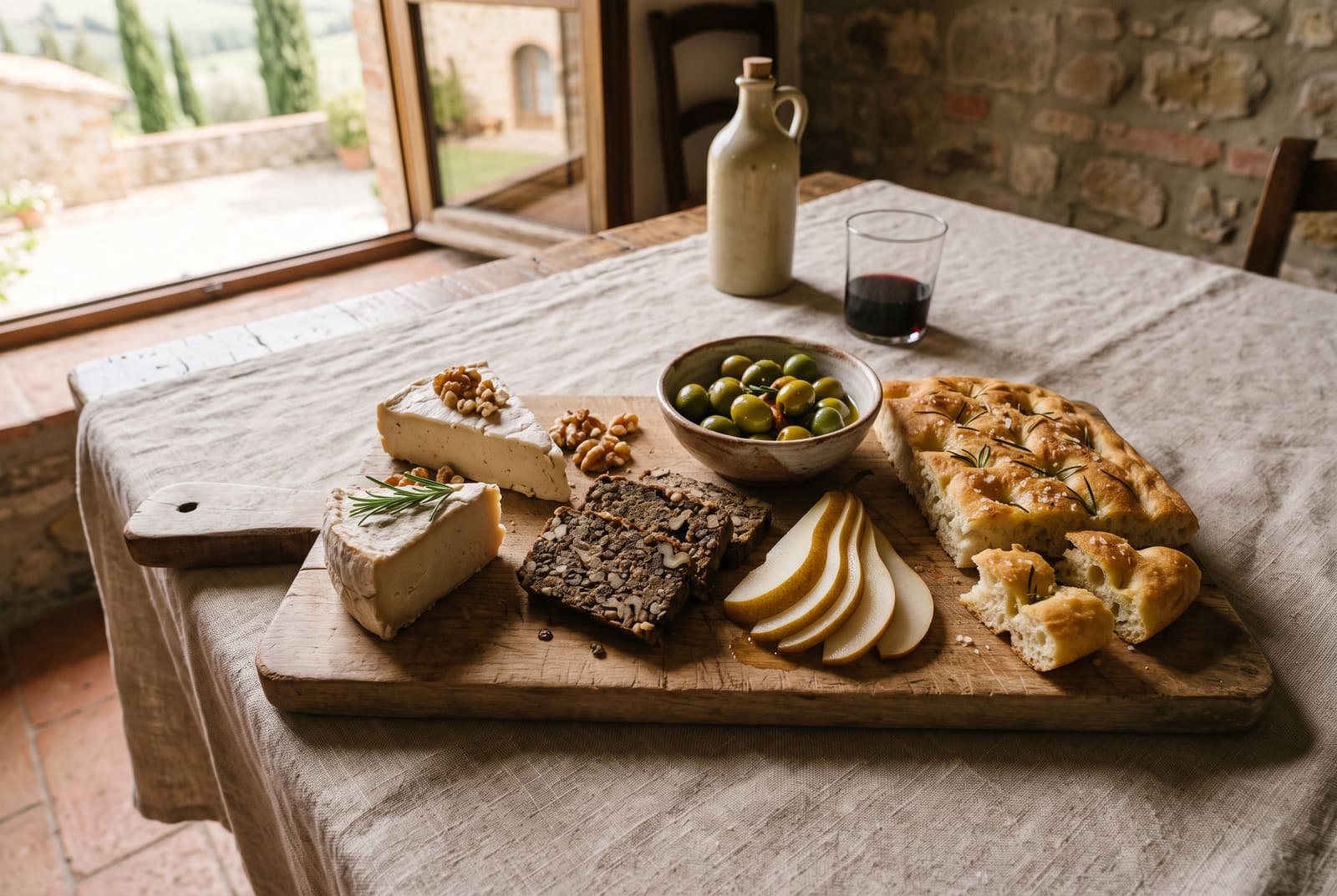 A rustic wooden board with vegan cashew cheese, lentil terrine, olives, sliced pears, and focaccia on a linen tablecloth.