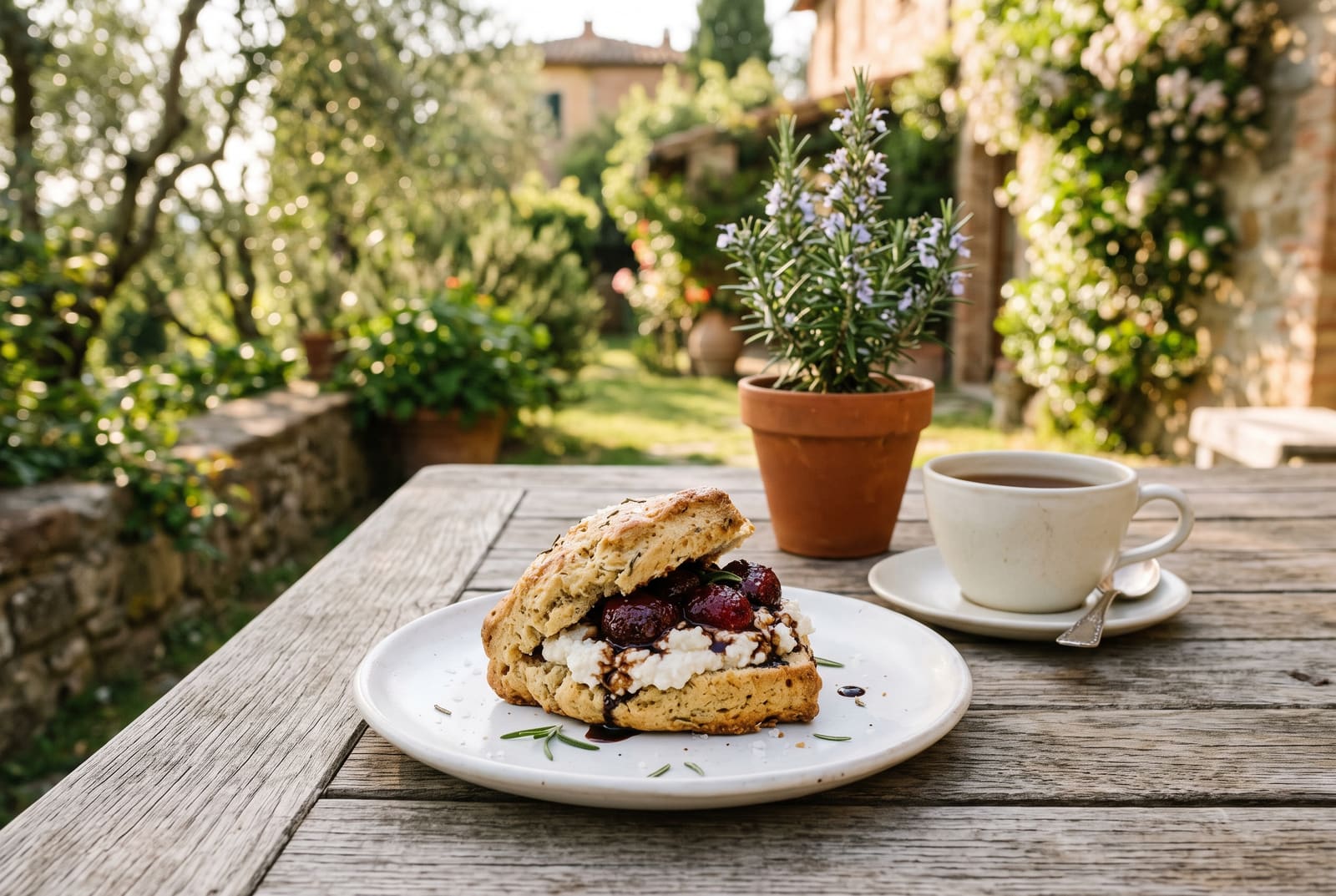 A golden rosemary scone topped with white almond cream and balsamic strawberries on a rustic table with a tea cup.