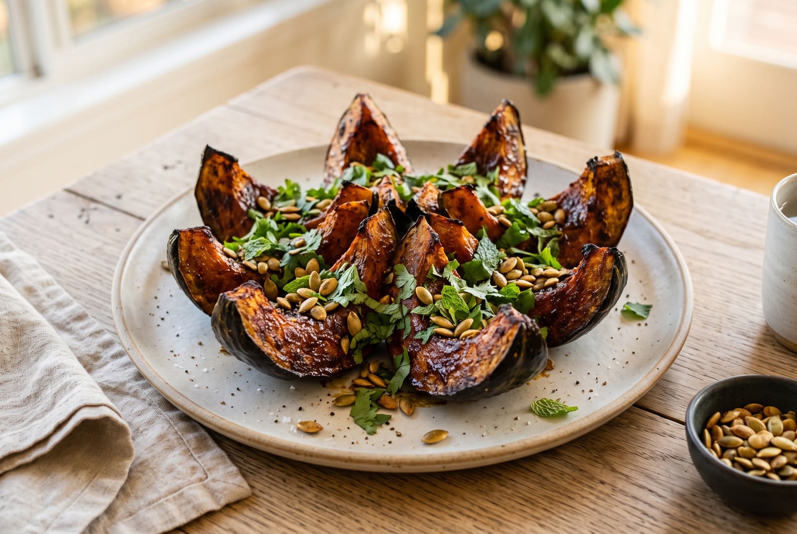 Glazed roasted squash wedges with fresh herbs and seeds on a ceramic plate, bathed in warm natural sunlight on a wooden table.