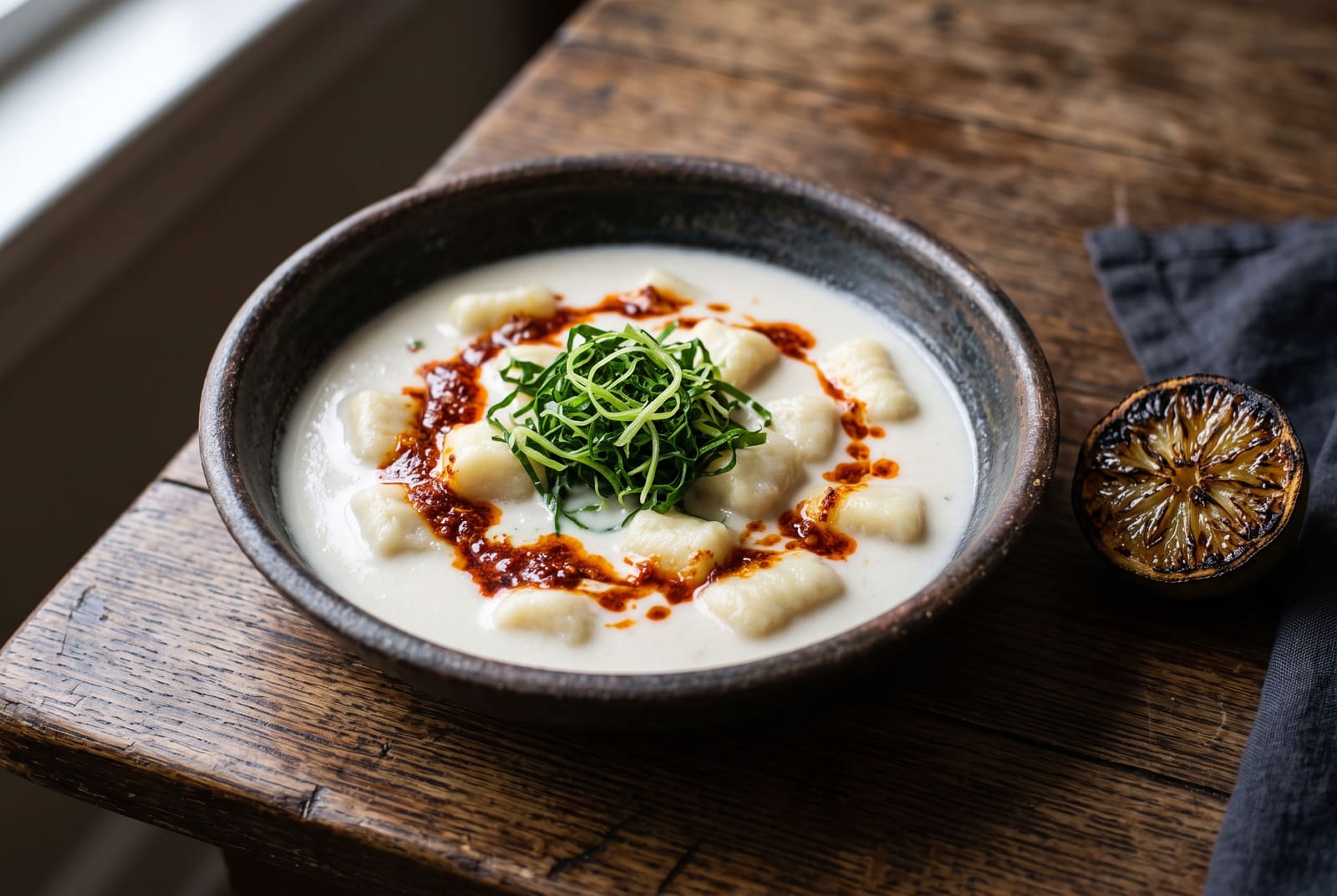 A bowl of creamy coconut soup with cassava gnocchi, drizzled with red spiced oil and topped with green greens, on a rustic wooden table.