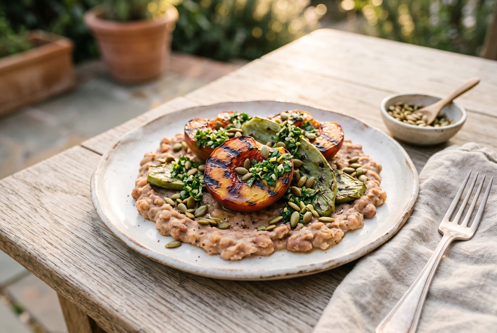 Grilled peaches and nopales on smoky pinto beans with herb gremolata on a white plate in soft sunlight.