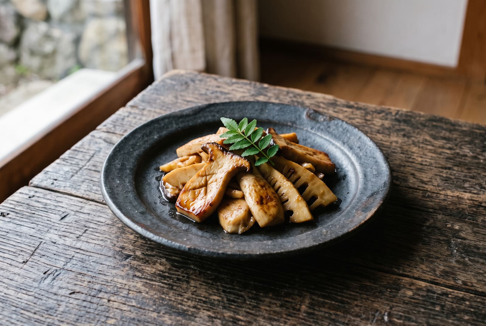 Binchotan-Scented King Trumpet Mushrooms with Young Bamboo Sautéed glazed king trumpet mushrooms and bamboo shoots on a dark ceramic plate with a single green leaf garnish.