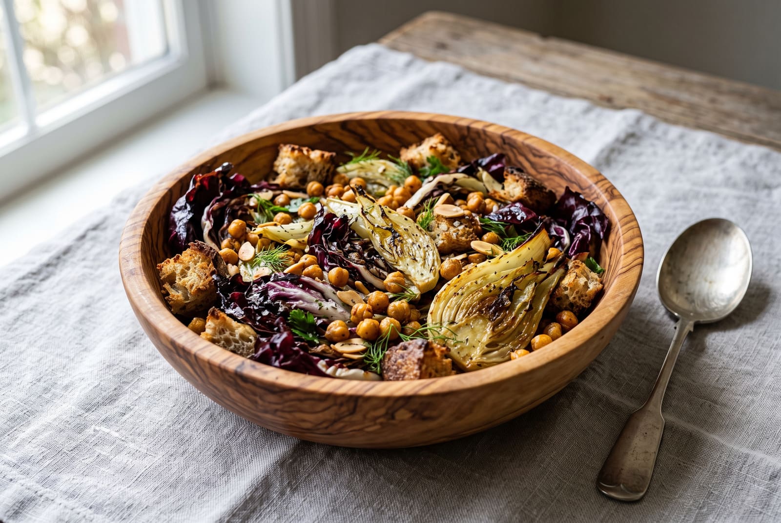 Roasted Fennel and Radicchio Salad with Crispy Chickpeas and Sourdough Croutons A warm roasted salad with charred radicchio, fennel, and sourdough croutons in a wooden bowl on a linen cloth.