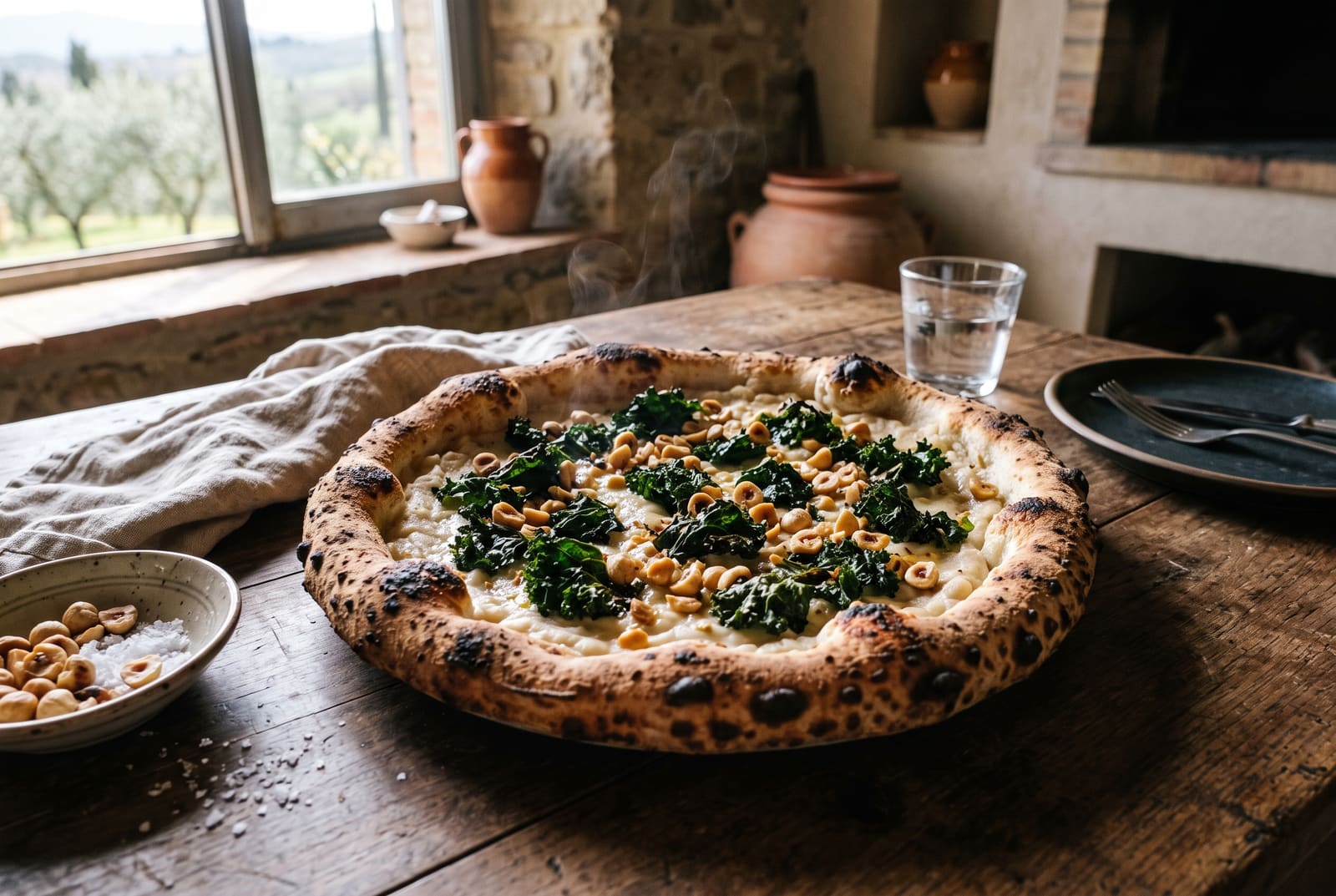 Artisanal vegan white pizza with a bubbly charred crust topped with dark kale and hazelnuts on a rustic wooden table.
