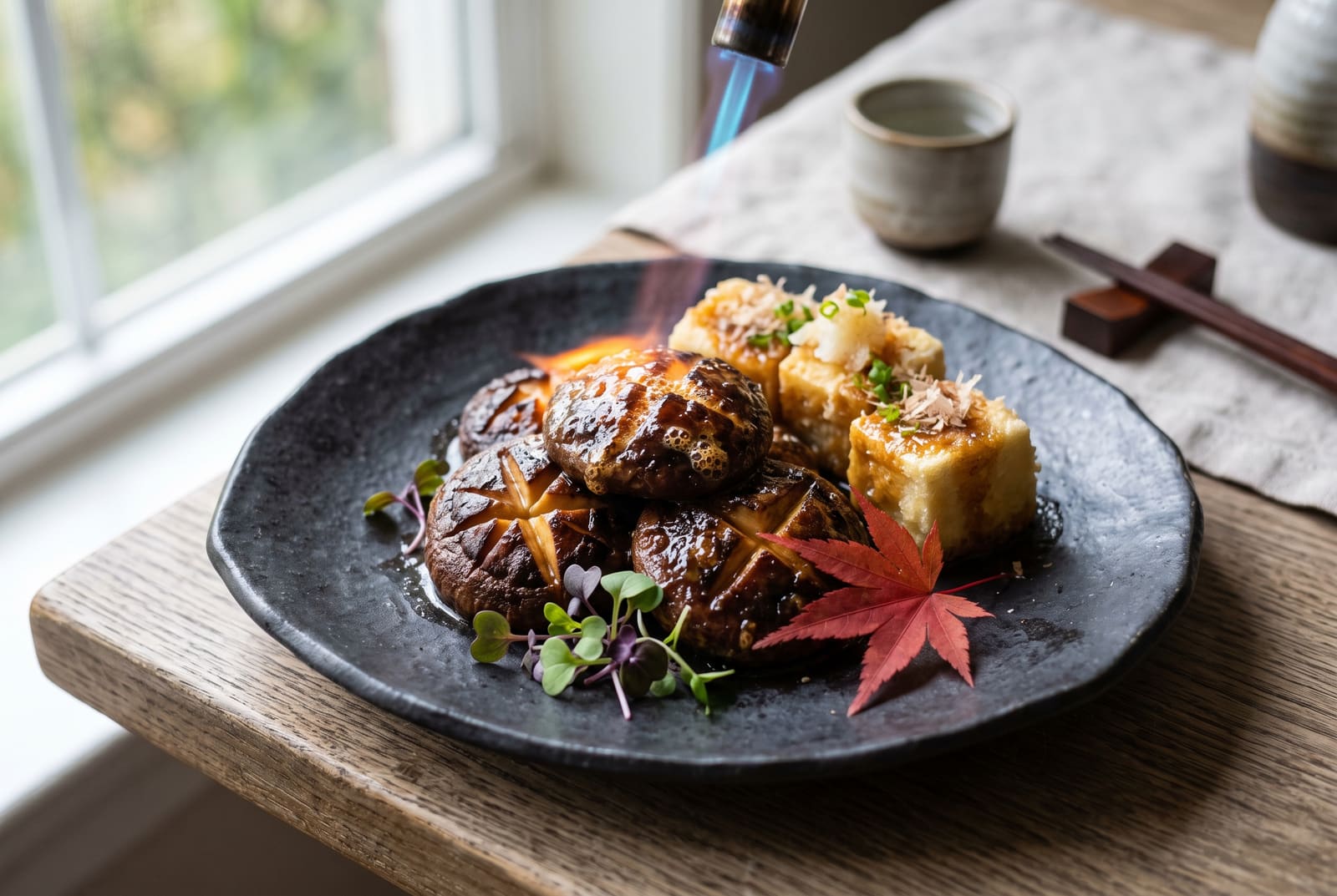 Flambéed shiitake mushrooms and agedashi tofu on a handmade ceramic plate with a flickering blue flame and shiso garnish.