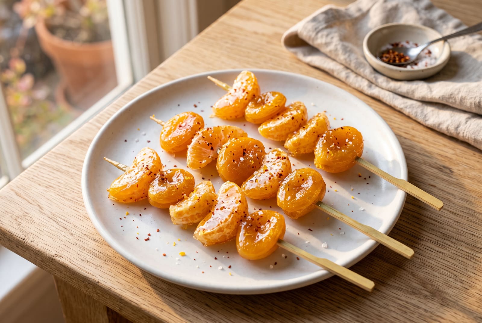 Smoky Ojai Citrus and Stone Fruit Tanghulu Shimmering candied tangerine and apricot skewers with a dusting of chile and sea salt on a white plate in natural sunlight.