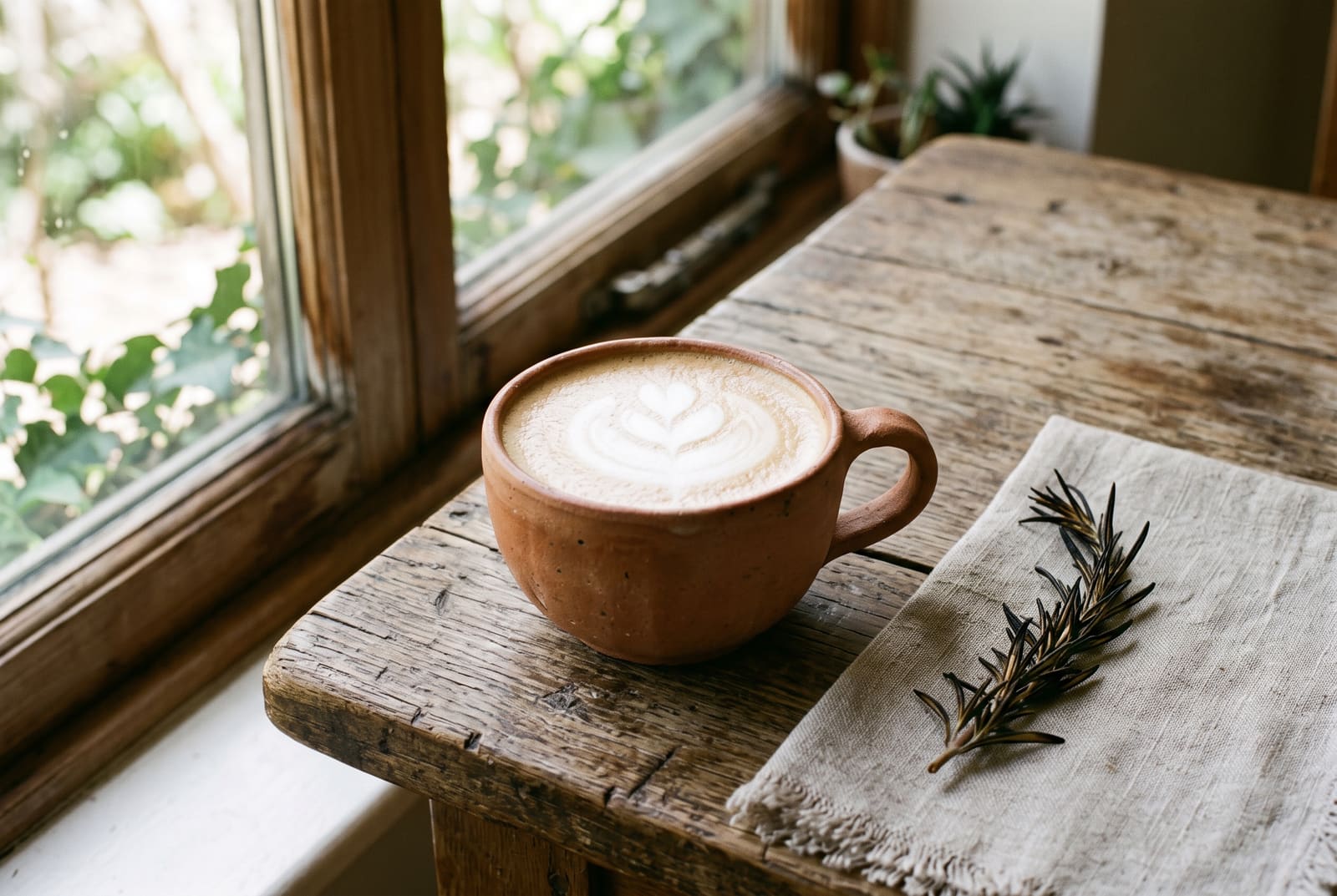 Frothy vegan coffee in a terracotta cup on a wooden table with a charred rosemary sprig.