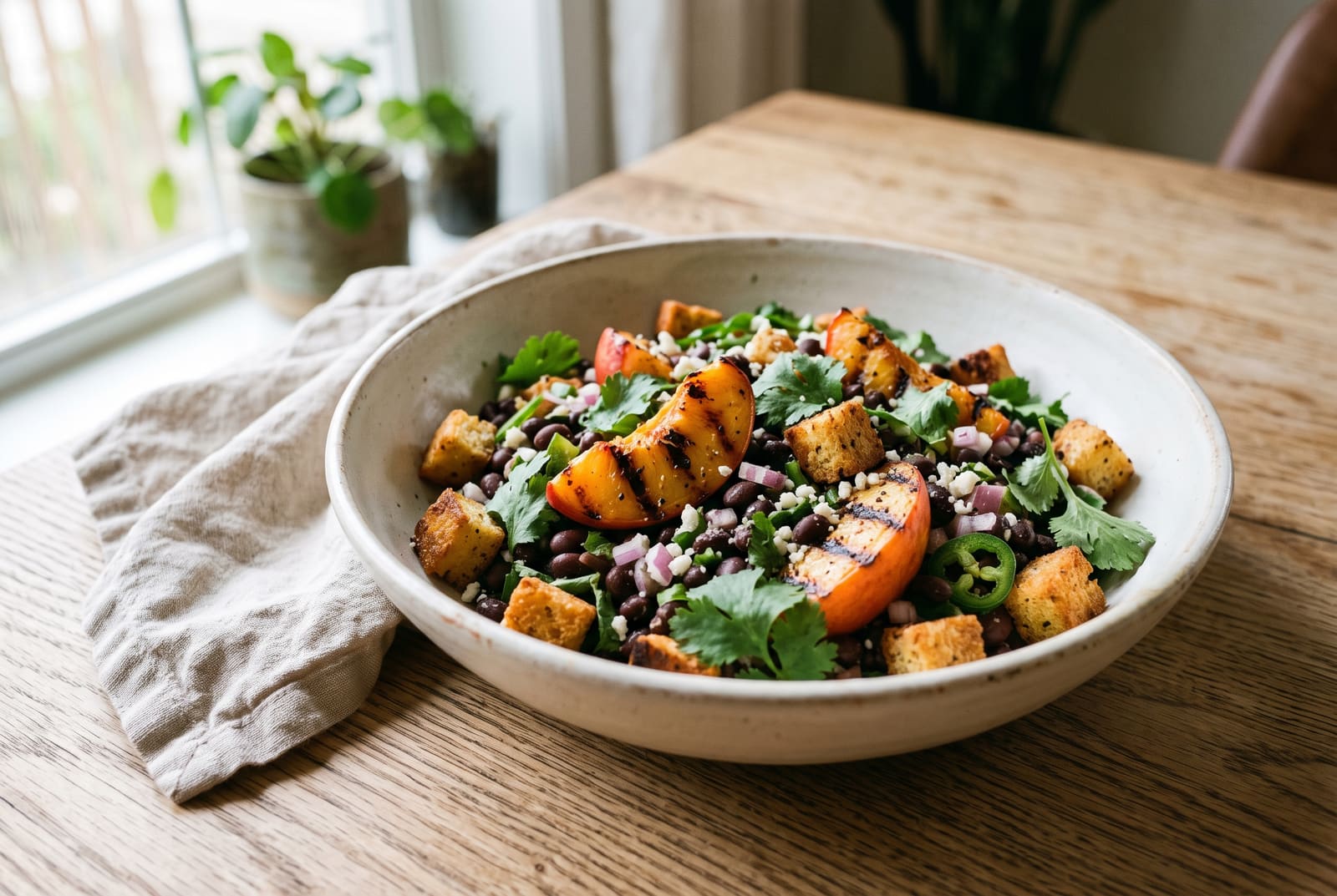A warm salad with charred nectarine wedges, black beans, and small crispy masa croutons in a ceramic bowl on a sunlit wooden table.