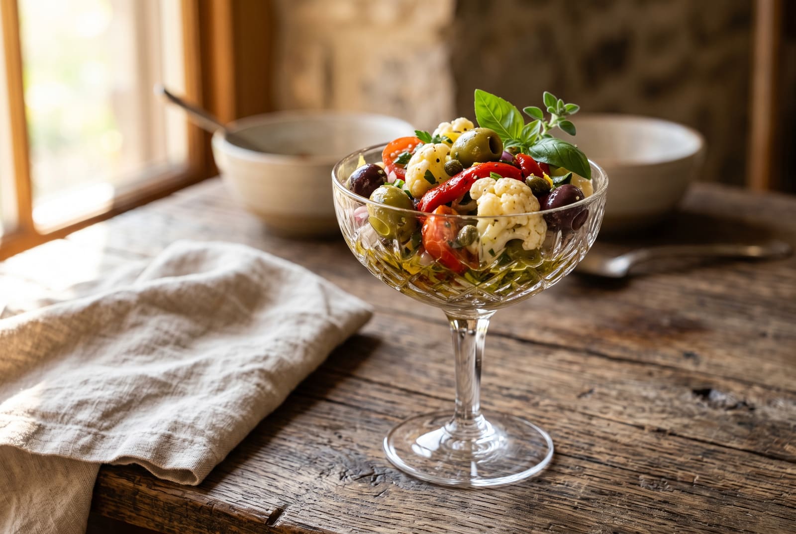 Vibrant marinated cauliflower, olives, and red peppers in a crystal glass on a rustic wooden table under soft natural light.