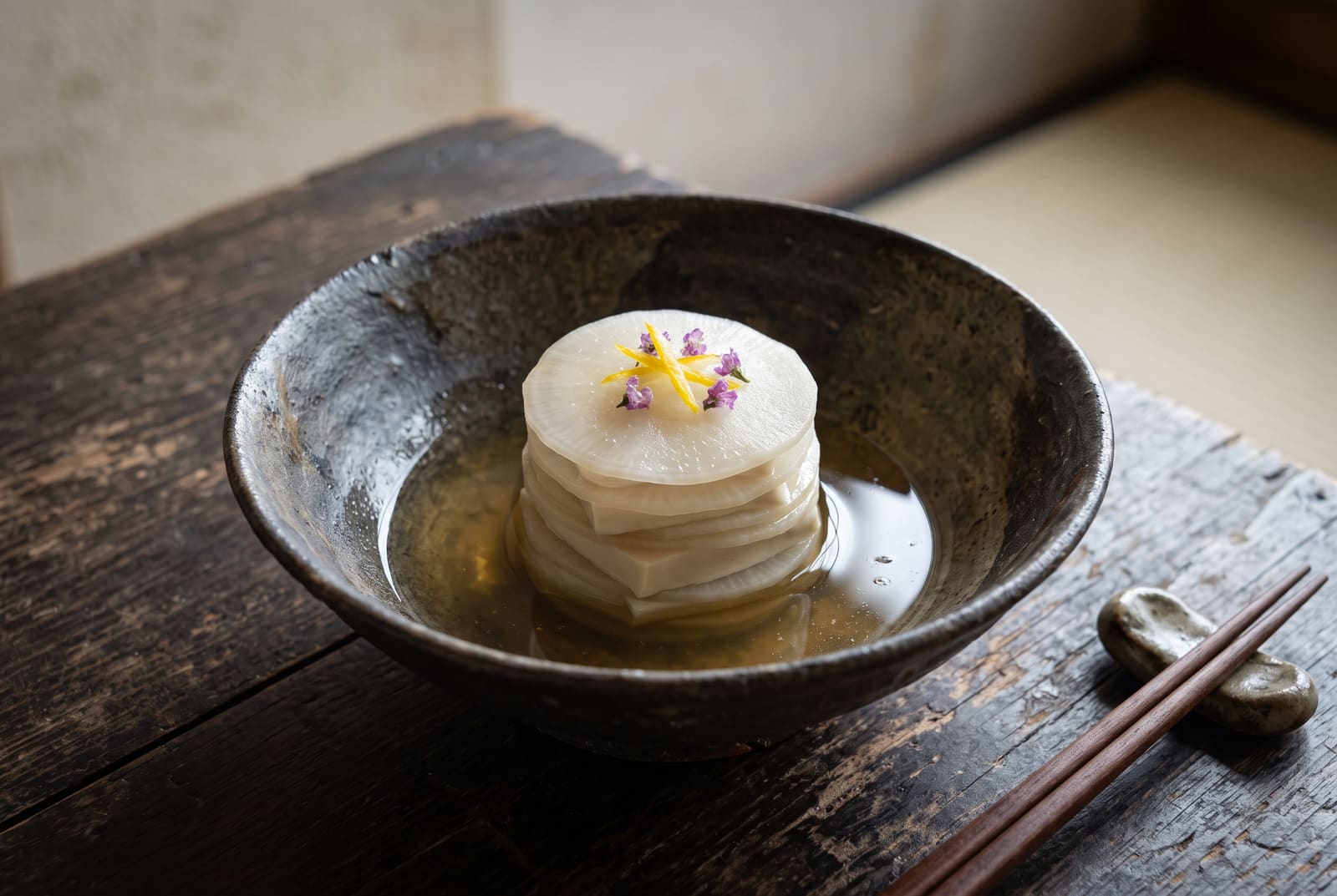 Layered turnip and silken tofu mille-feuille resting in a clear golden dashi broth inside a rustic dark ceramic bowl.