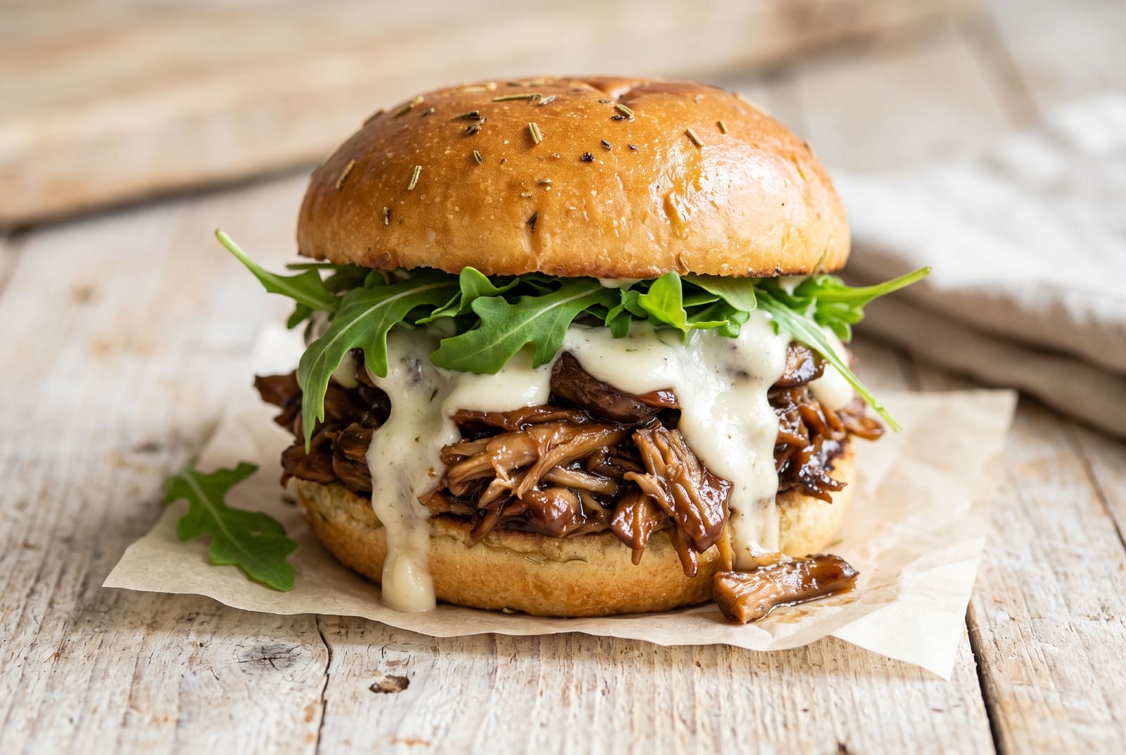 Gourmet vegan Chianti-braised mushroom burger with creamy fonduta and fresh arugula on a toasted bun set on a simple wooden table.