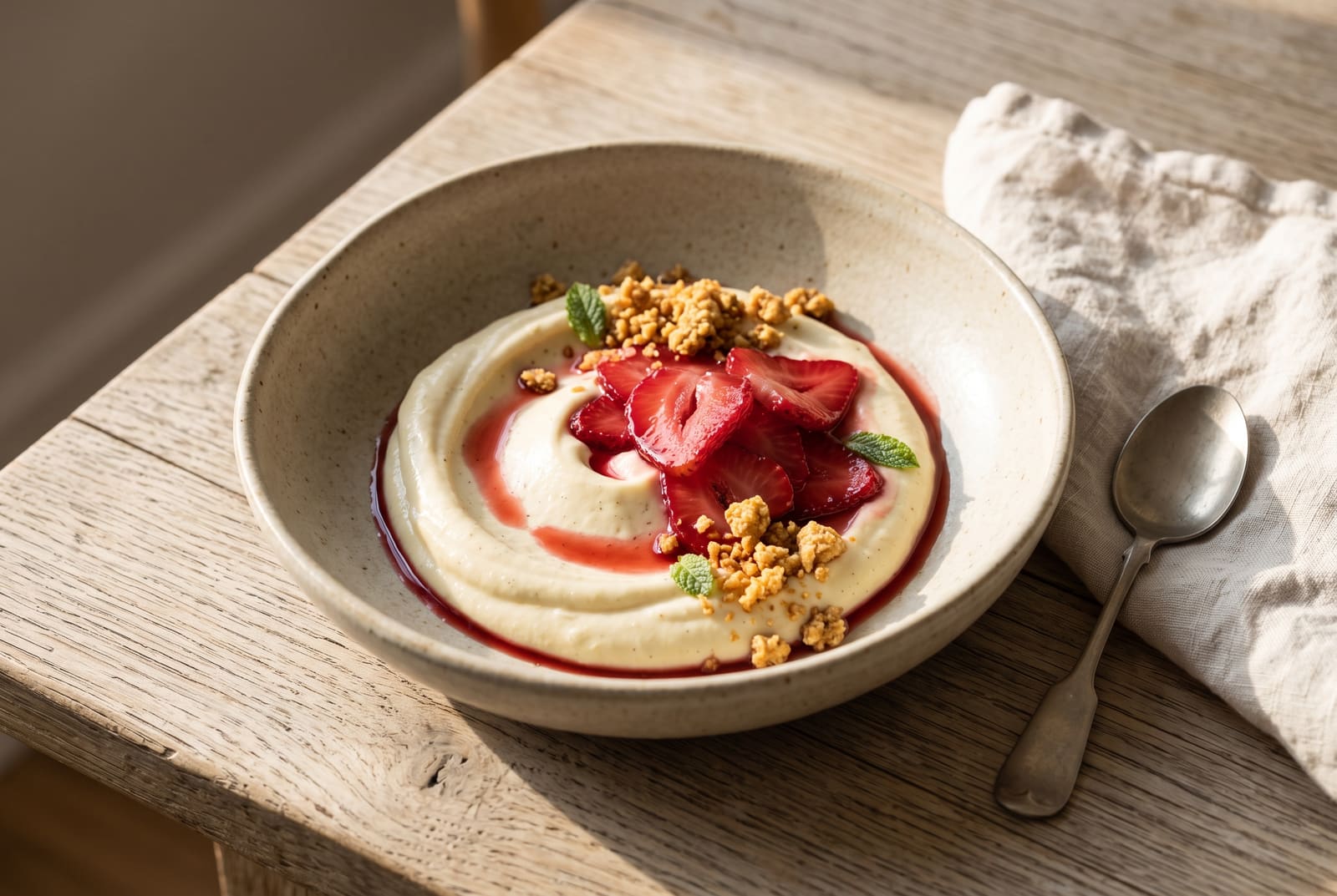 Ruby-red pickled strawberries atop whipped lemon crema with toasted masa crumble in an artisanal ceramic bowl on an oak table.