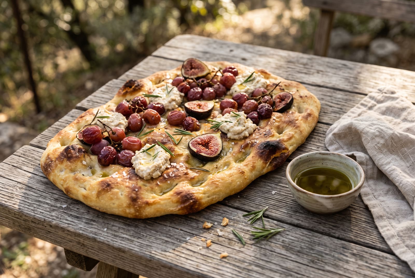 Golden Tuscan grape and fig schiacciata with dollops of almond ricotta on an outdoor rustic wooden picnic table.