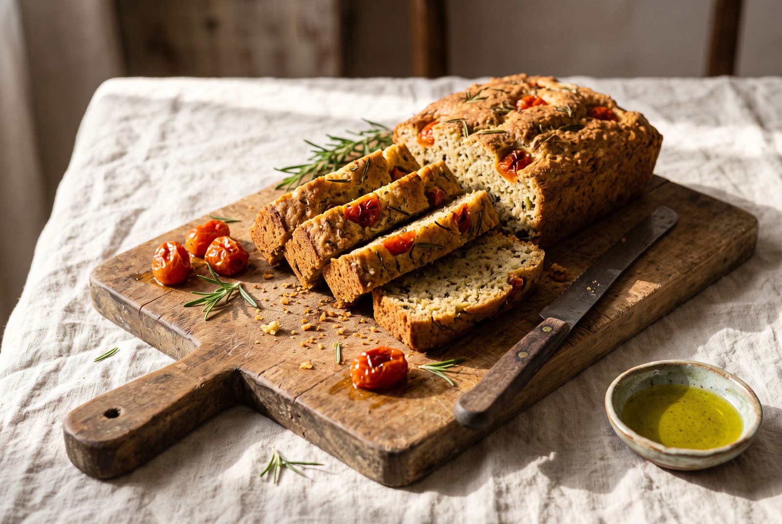 Golden sliced vegan savory cake studded with green kale and blistered tomatoes on a wooden board atop a linen tablecloth.