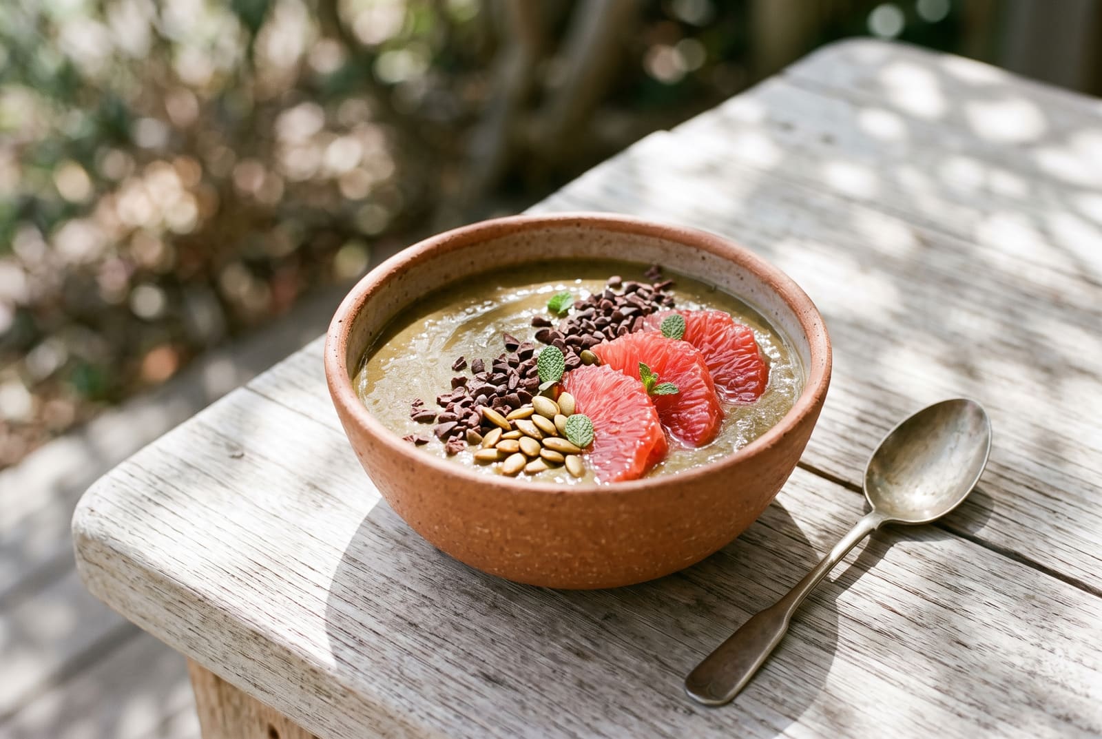 A terracotta bowl filled with a thick botanical green-cacao smoothie topped with ruby grapefruit, cacao nibs, and toasted pumpkin seeds.