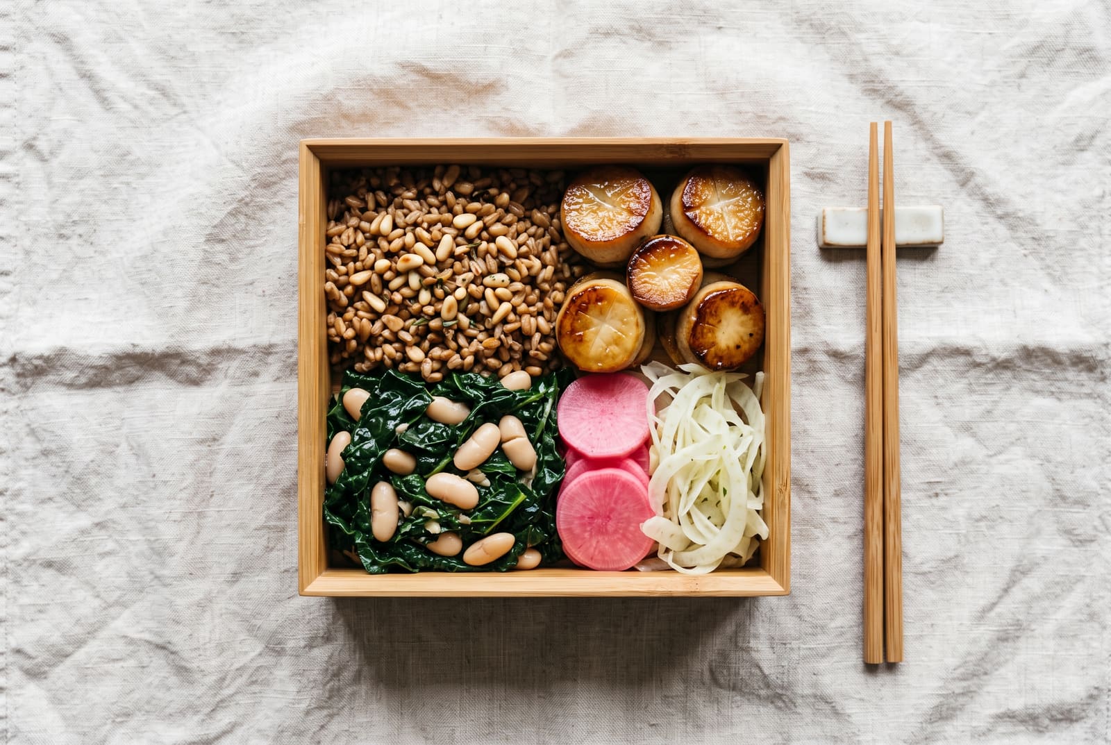 Tuscan Orto Umami Bento Box An open wooden bento box filled with porcini farro, glazed oyster mushroom rounds, cavolo nero with white beans, and crisp pickled fennel.
