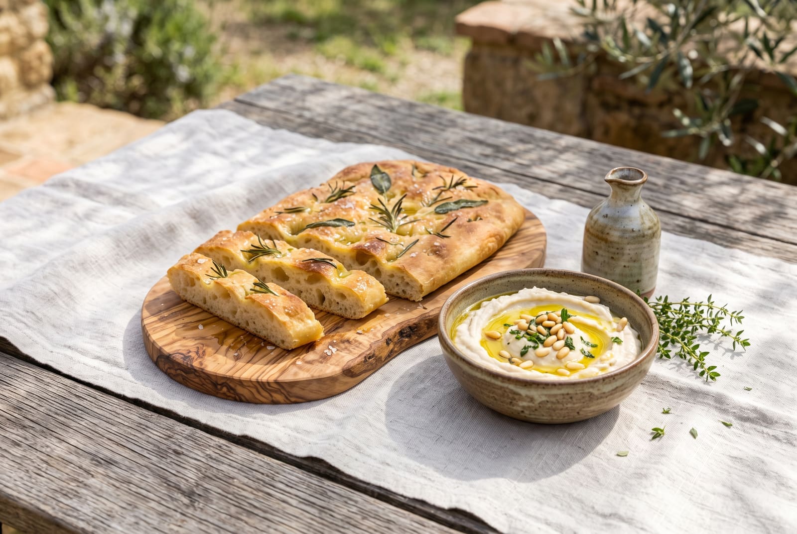 Schiacciata alle Erbe with Whipped Wild Mint and Lemon Cannellini Spread Crisp herb-dimpled Tuscan schiacciata bread beside a bowl of velvety whipped cannellini spread garnished with fresh mint and olive oil on an outdoor t