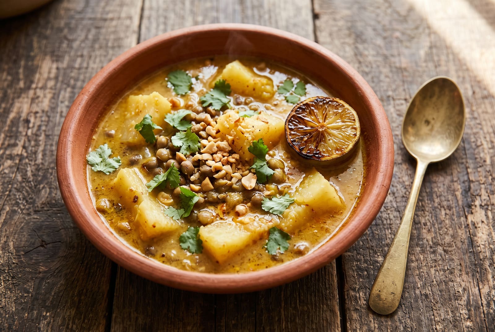 Terracotta bowl of golden coconut lime cassava stew garnished with cilantro and charred lime on rustic wood.
