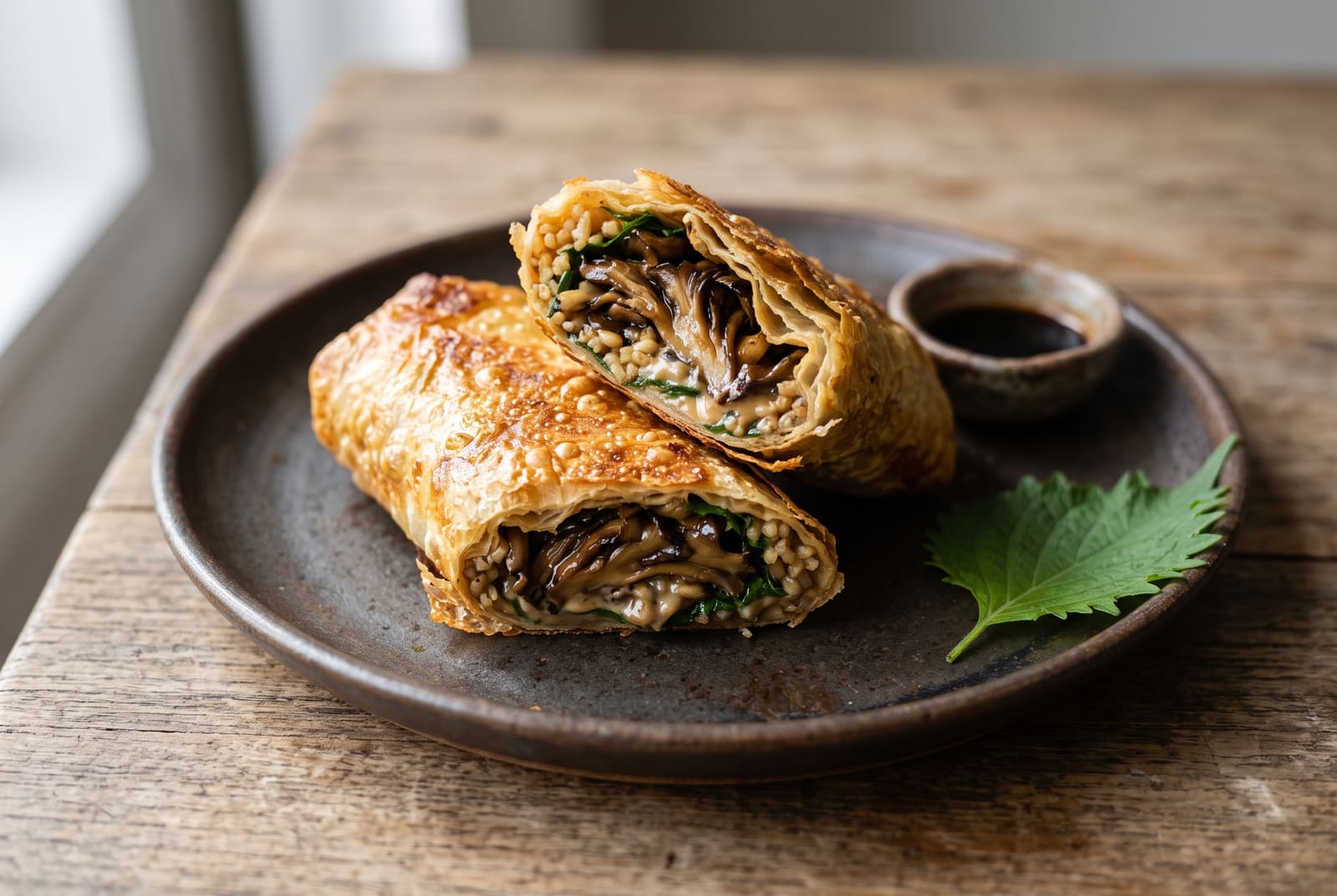 A diagonally sliced crispy golden yuba burrito filled with glazed maitake mushrooms and green shiso on an imperfect wabi-sabi ceramic plate.