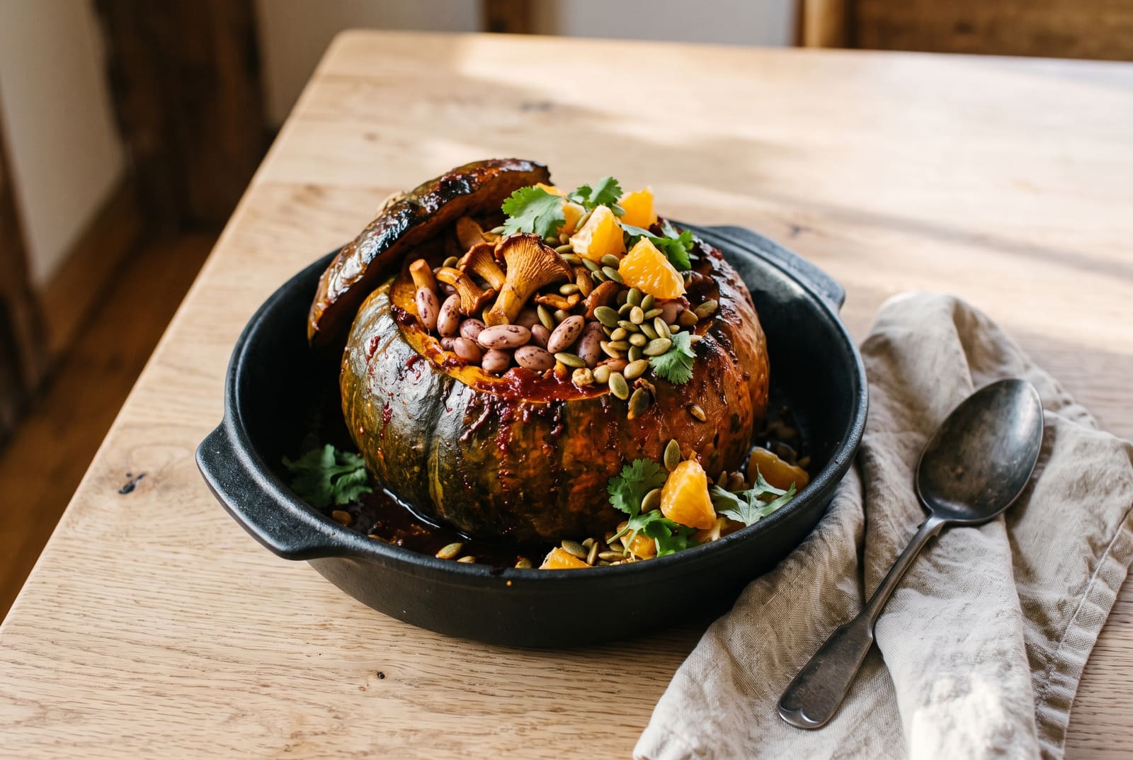 Whole baked adobo-glazed kabocha squash stuffed with wild chanterelles and heirloom beans, topped with fresh winter citrus and herbs.