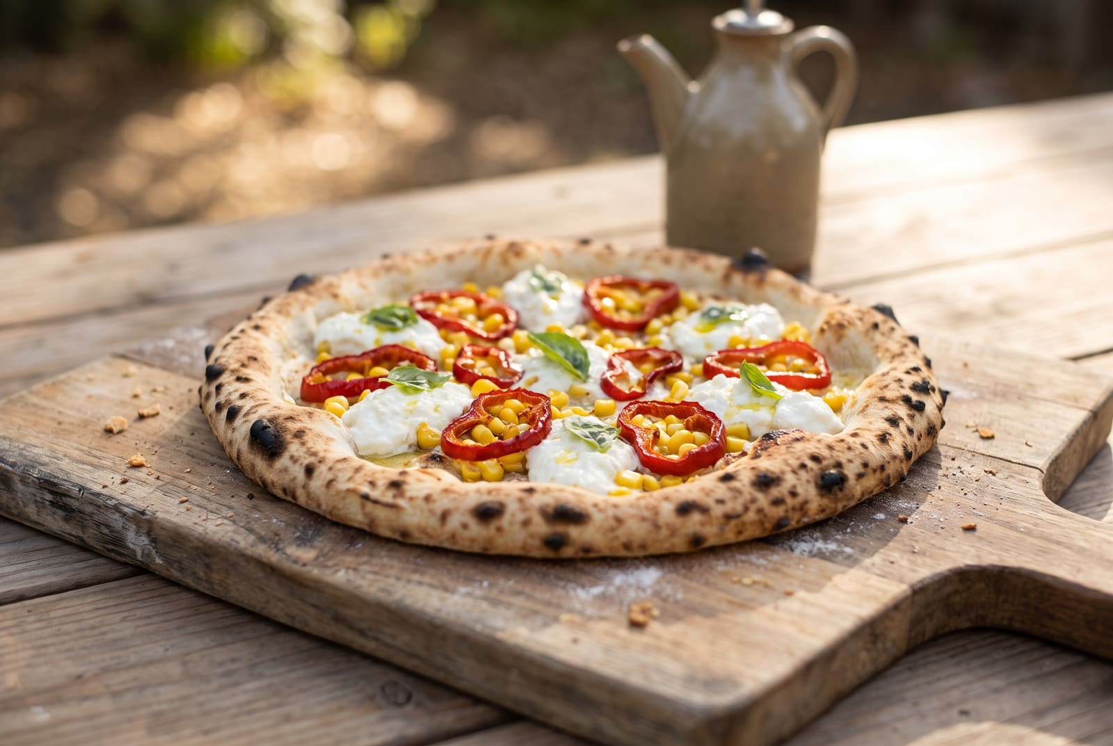 Jimmy Nardello and Sweet Corn Artisan Pizza with Whipped Macadamia Ricotta Freshly baked artisan vegan pizza topped with sweet red peppers, yellow corn, whipped white nut cheese, and fresh herbs on a wooden board.