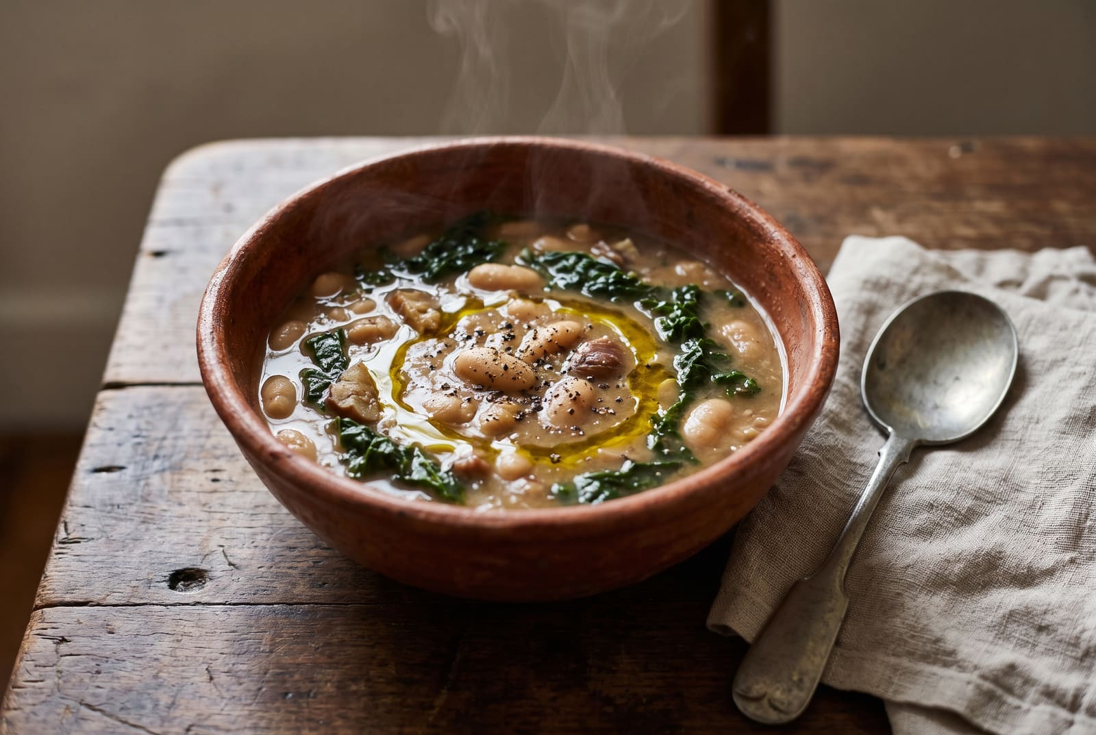 A rustic ceramic bowl of thick Tuscan bean and cavolo nero soup drizzled with olive oil on a wooden table.