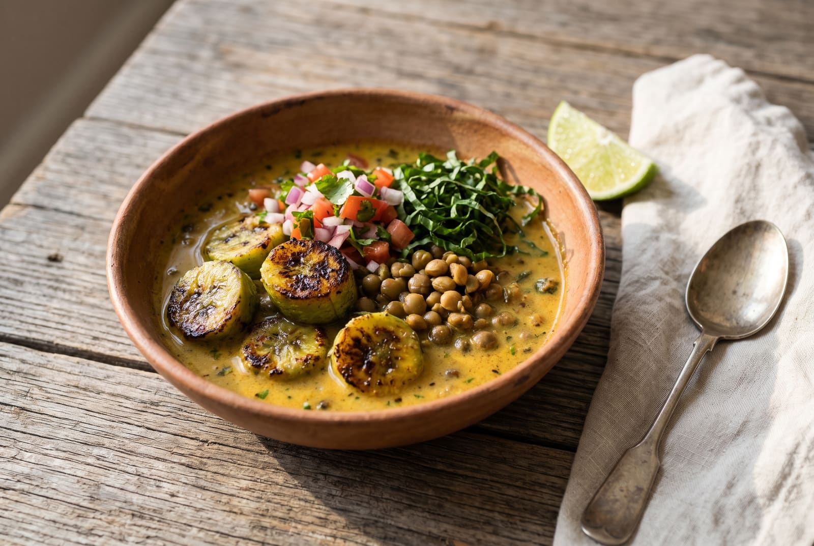 Charred Matoke and Pigeon Peas in Cardamom Coconut Broth Clay bowl of charred green bananas and pigeon peas in golden coconut broth garnished with fresh kachumbari on a rustic wooden table.