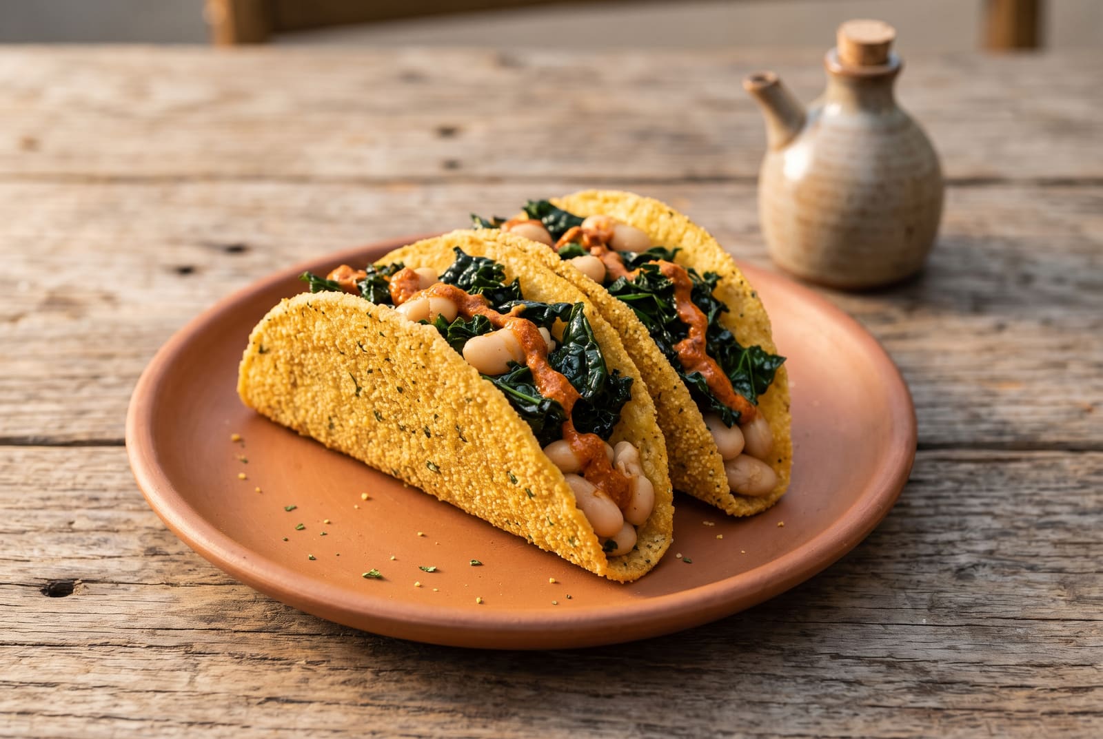 Crispy polenta-encrusted tacos filled with Tuscan cannellini beans and braised kale on a terracotta plate.