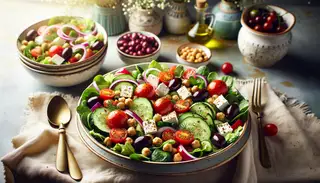 Vibrant vegan Mediterranean salad with mixed greens, cherry tomatoes, vegan feta, and lemon vinaigrette in an elegant setting