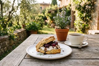 Tuscan Garden High Tea Scones with Almond Ricotta and Balsamic Berries A golden rosemary scone topped with white almond cream and balsamic strawberries on a rustic table with a tea cup.