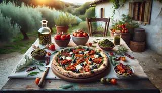 Vibrant Vegan Mediterranean Pizza with sun-dried tomatoes, olives, capers, pesto, and mozzarella on a rustic Italian table in natural setting