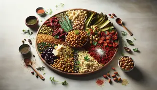Image of a vegan African charcuterie platter with sorghum, roasted chickpeas, sun-dried tomatoes, artichokes, vegan cheese, olives, pickled veggies, nuts, and fresh herbs.