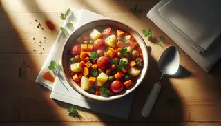 Photorealistic image of a vibrant, steaming braised breakfast bowl on a minimalist wooden table, highlighted by morning light.