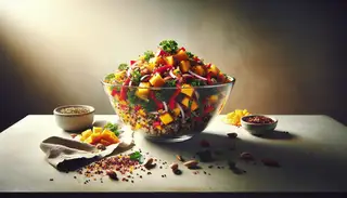 Colorful African-Inspired Sunshine Salad in a clear bowl with mango, bell pepper, onion, quinoa, parsley, peanuts, and seeds on a minimalist table.