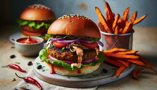 Vegan wet burger with black bean-mushroom patty, lettuce, tomato, onion, and creamy sauce, served with sweet potato fries and Asian slaw.