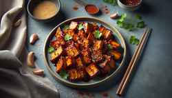 Platter of caramelized jackfruit with hoisin glaze and spices, garnished with sesame seeds and cilantro, on a minimalist table.