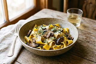 Saffron Pappardelle with Wild Porcini and Walnut Crema Golden saffron pappardelle pasta with sautéed porcini mushrooms and crushed walnuts in a rustic bowl on a wooden table.