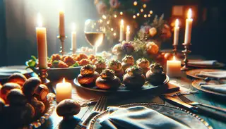 Visualize an ambient scene of a dinner party with a beautiful table set. The centerpiece is a plate full of appetizing vegan stuffed mushrooms, filled to the top with a savory and creamy mixture. The table is bathed in the soft glow of delicate light, highlighting the rich colors and textures of the mushrooms and other finger foods. The atmosphere radiates warmth and sociability, setting the perfect mood for enjoying outstanding food and delightful companionship. The inviting allure of the vegan stuffed mushrooms promises a distinctive voyage for the taste buds.