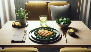 Modern minimalist dinner setting with vegan 'chicken' fillets in garlic sauce, seasoned spinach, and lemon wedges under warm lighting.